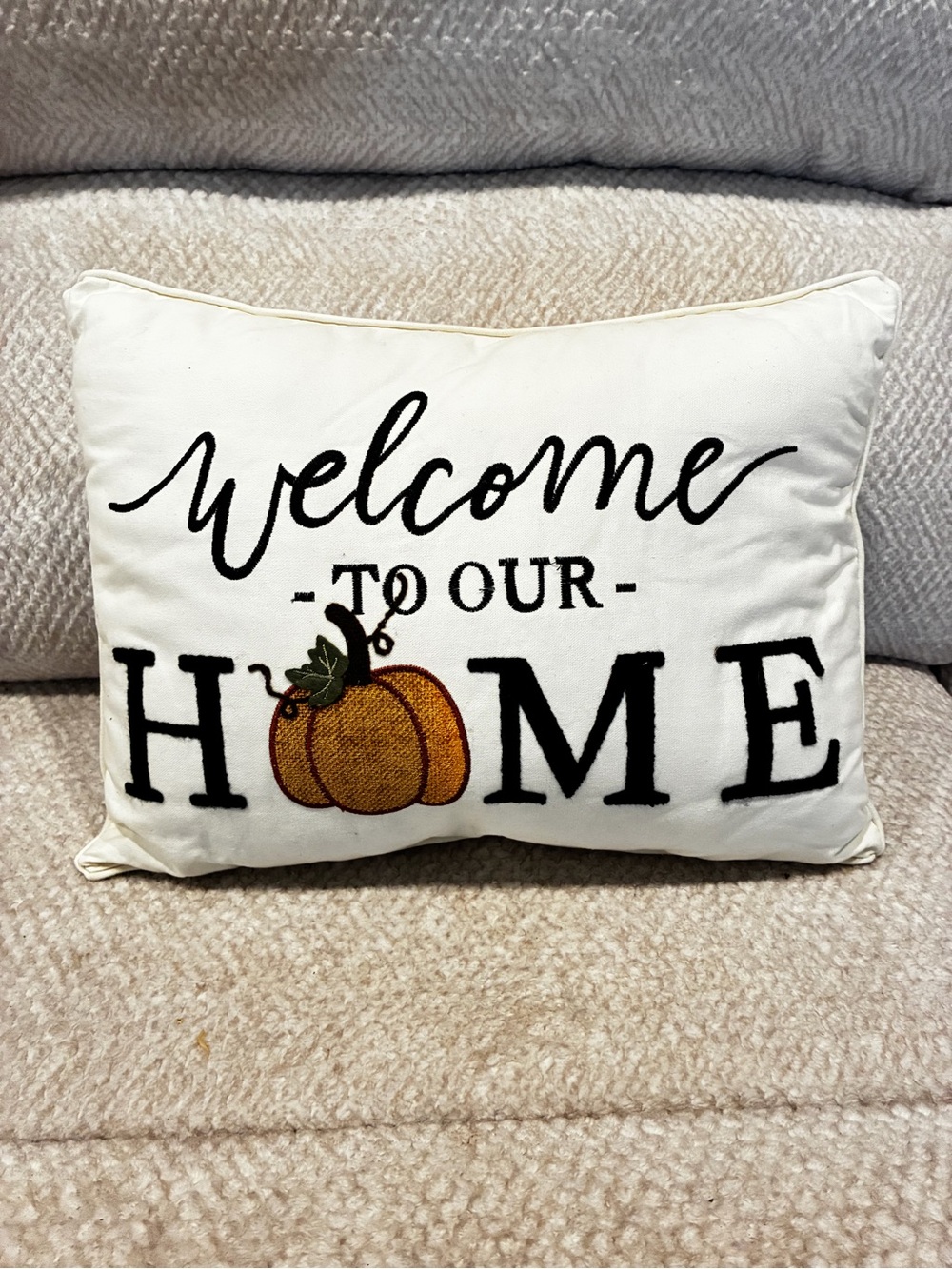 Kirklands Cream Welcome To Our Home Pumpkin Accent Pillow